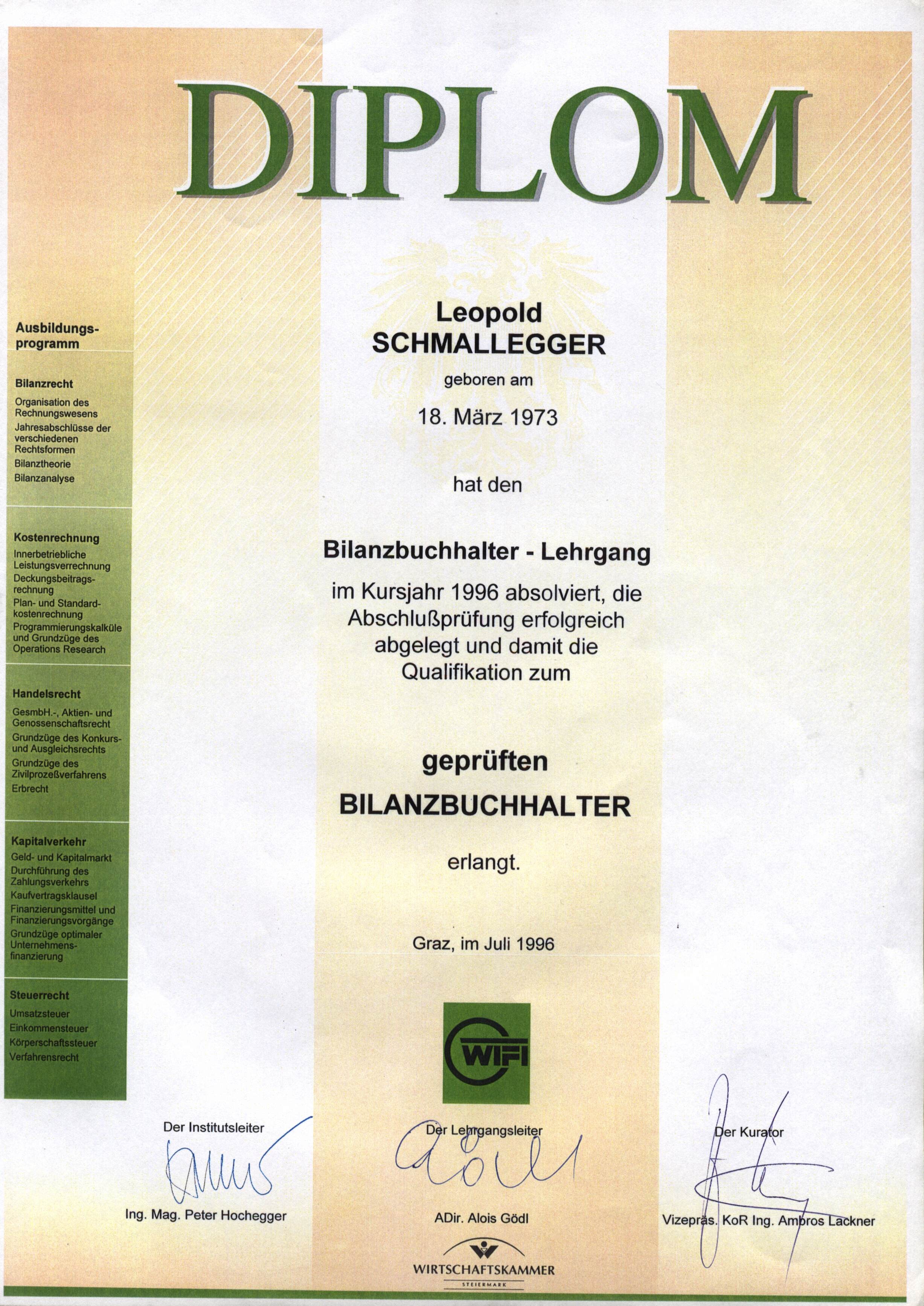 Leopold's Senior Accountant diploma from Graz, July 1996